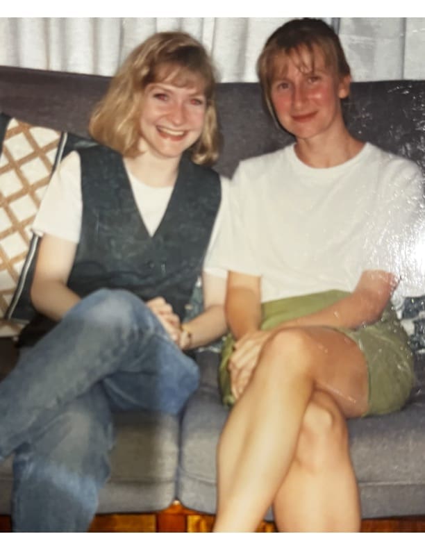 Vintage photograph of editor and friend in 1990s. Editor is wearing Melrose Place adjacent green jacquard vest described in text. 