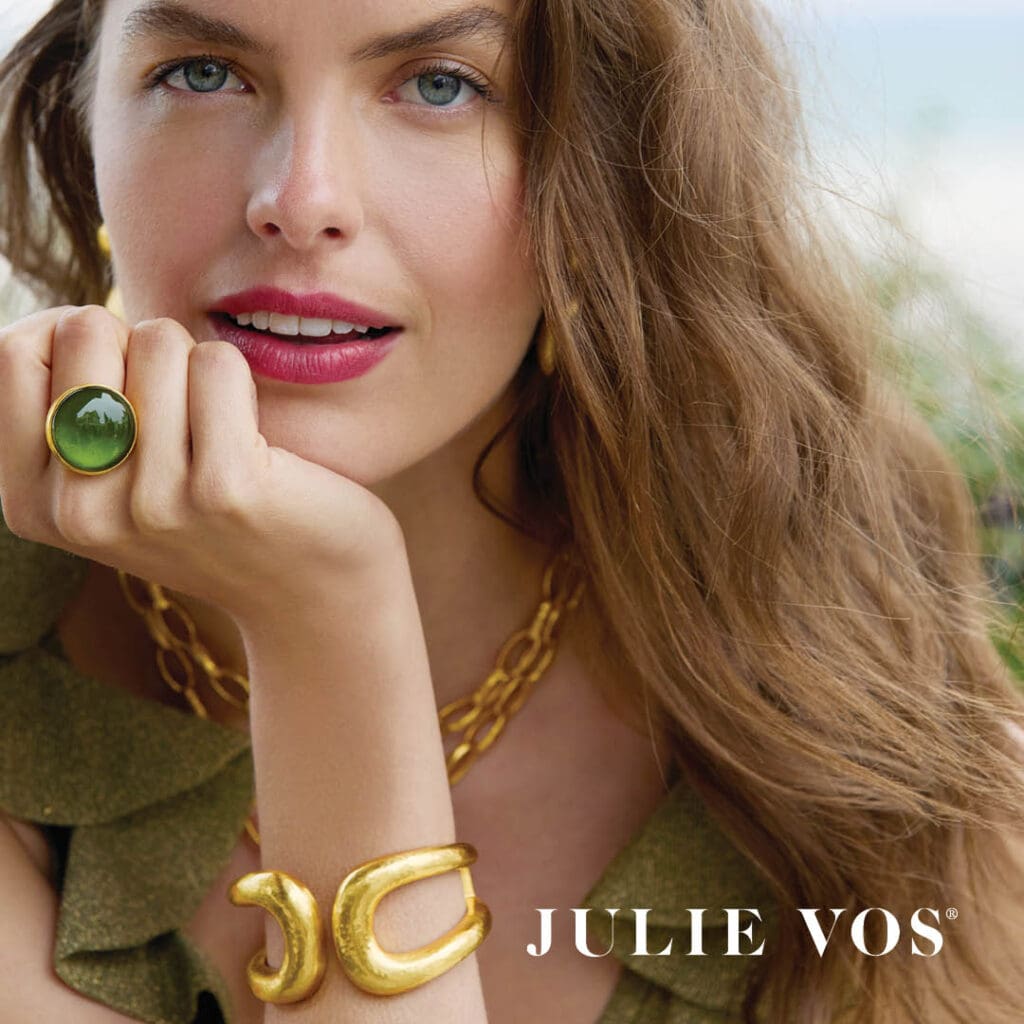 Woman wearing bold and colorful jewelry
