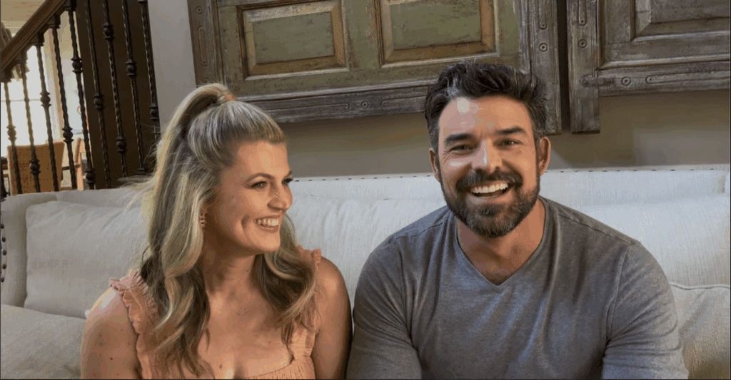 Jesse Hutch and wife Loreili sit together on sofa to share their love story