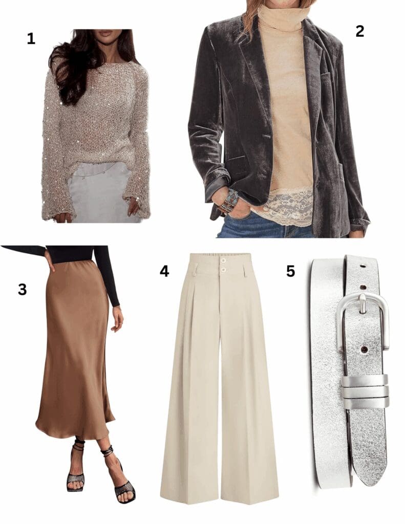 Collage of winter disco-inspired fashion including a metallic knit sweater, velvet blazer, satin midi skirt, wide-leg trousers, and silver belt