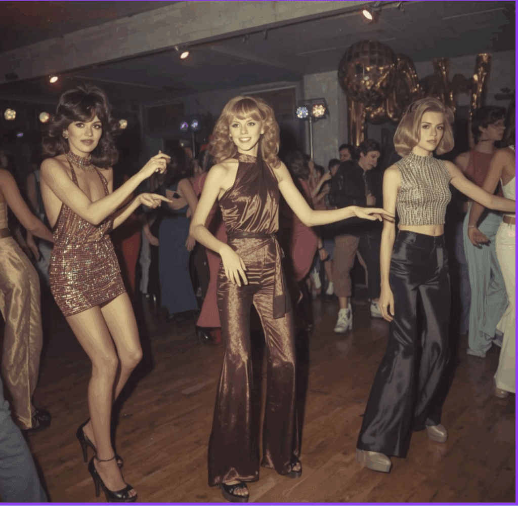 An AI-generated image illustrating disco-era style: women wearing shiny fabrics and platform shoes