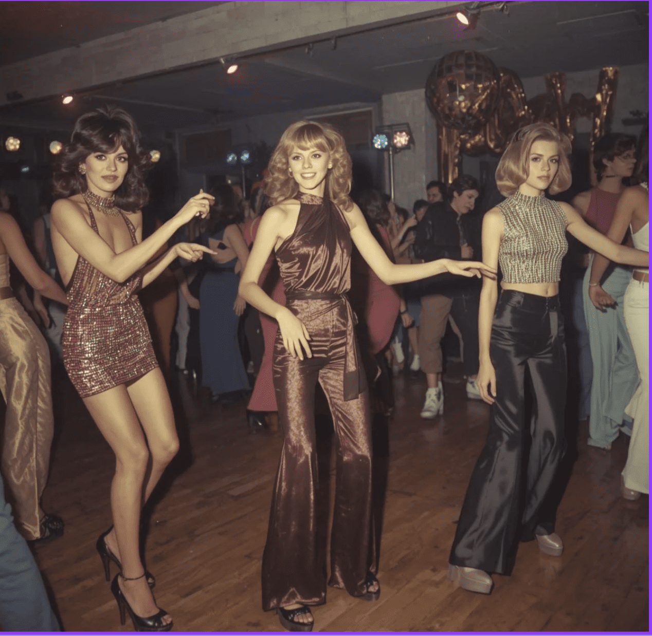 An AI-generated image illustrating disco-era style: women wearing shiny fabrics and platform shoes