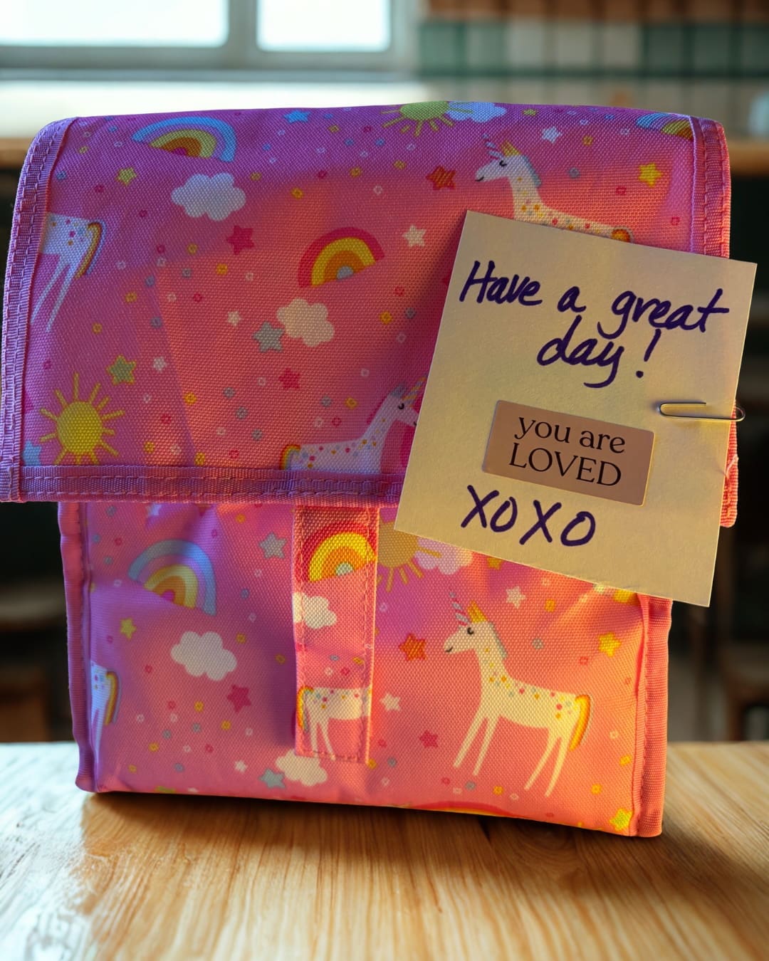 A pink lunchbox with unicorn and rainbow pattern. Attached is a note saying "Have a great day" and "You are loved xoxo."