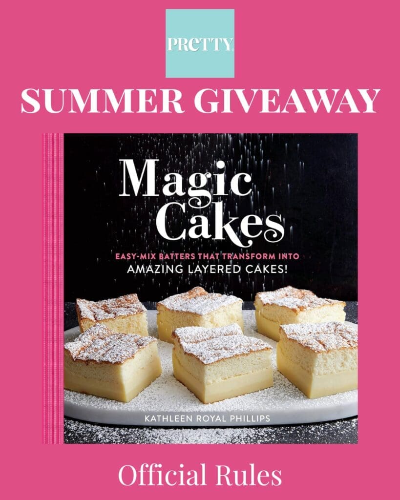 Magic Cakes cookbook cover with the words "Summer Giveaway Official Rules" and the Pretty magazine logo