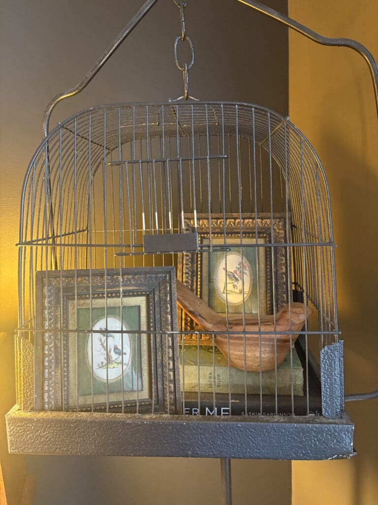 bird cage repurposed as decor