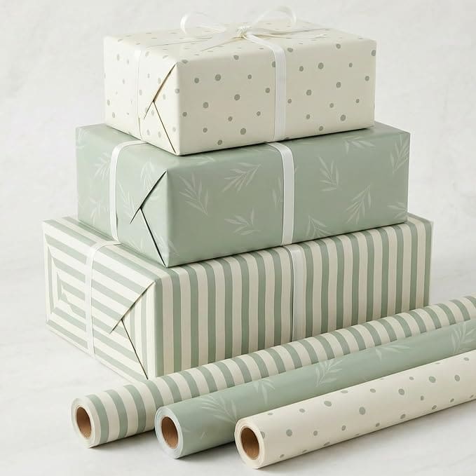 gifts with pretty wrapping paper in sage tones