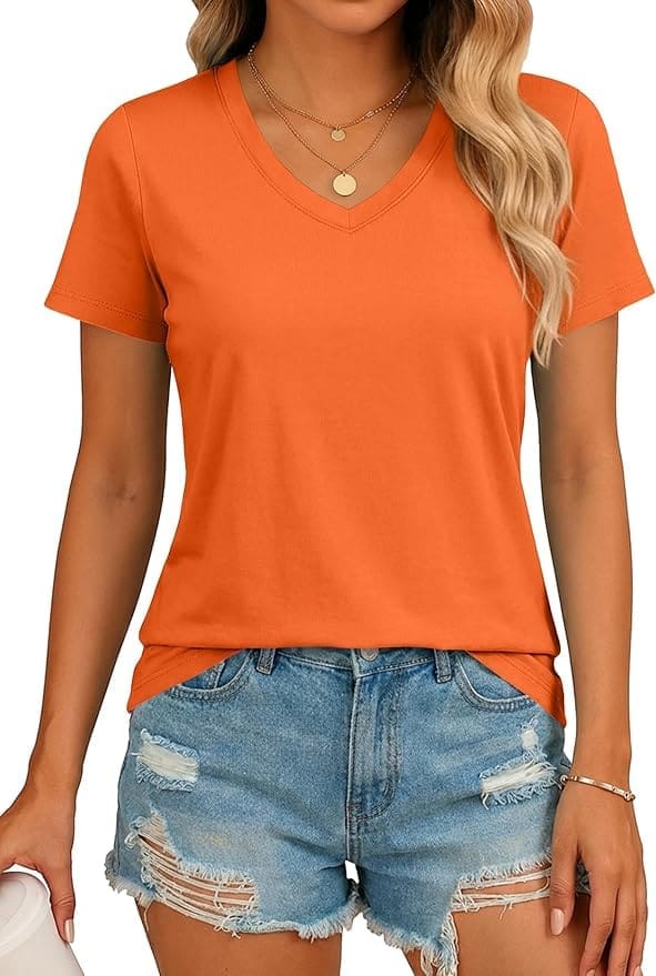 Farrah Fawcett style orange V-neck tee
