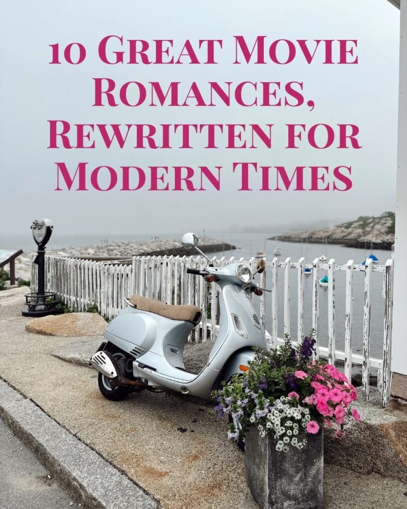 "Ten Great Movie Romances Rewritten for Modern Times" headline with Vespa and flowers by the seaside