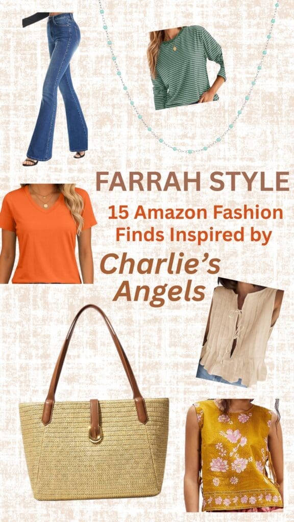 Collage of clothing and accessories inspired by Farrah Fawcett on Charlie's Angels