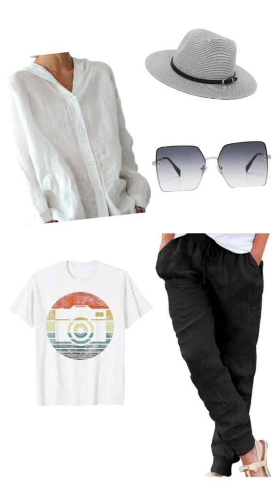 White jacket, graphic tee, and black joggers may be the most accessible example of Denise Huxtable style.