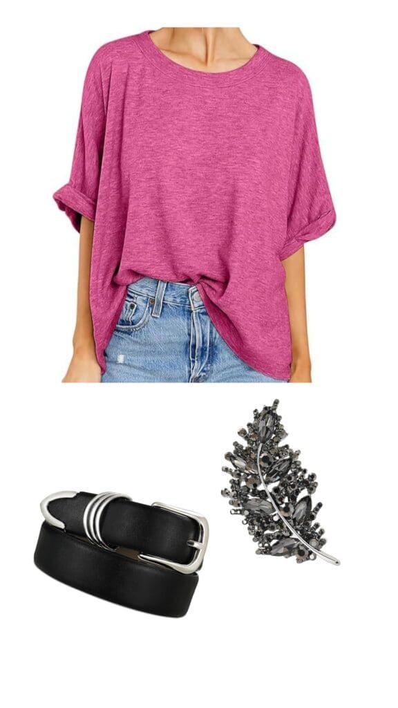 Denise Huxtable style magenta tee with black belt and feather rhinestone brooch