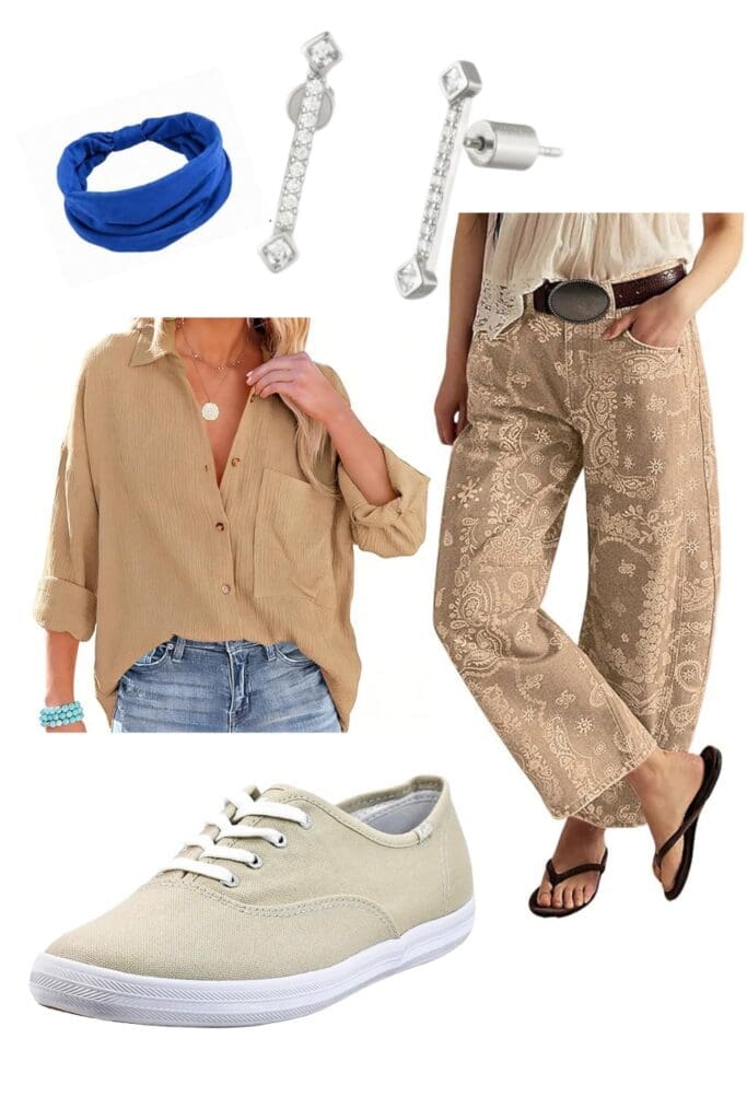 Denise Huxtable style casual outfit of tan shirt, paisley tan jeans, and tan Keds with a blue headband and CZ earrings