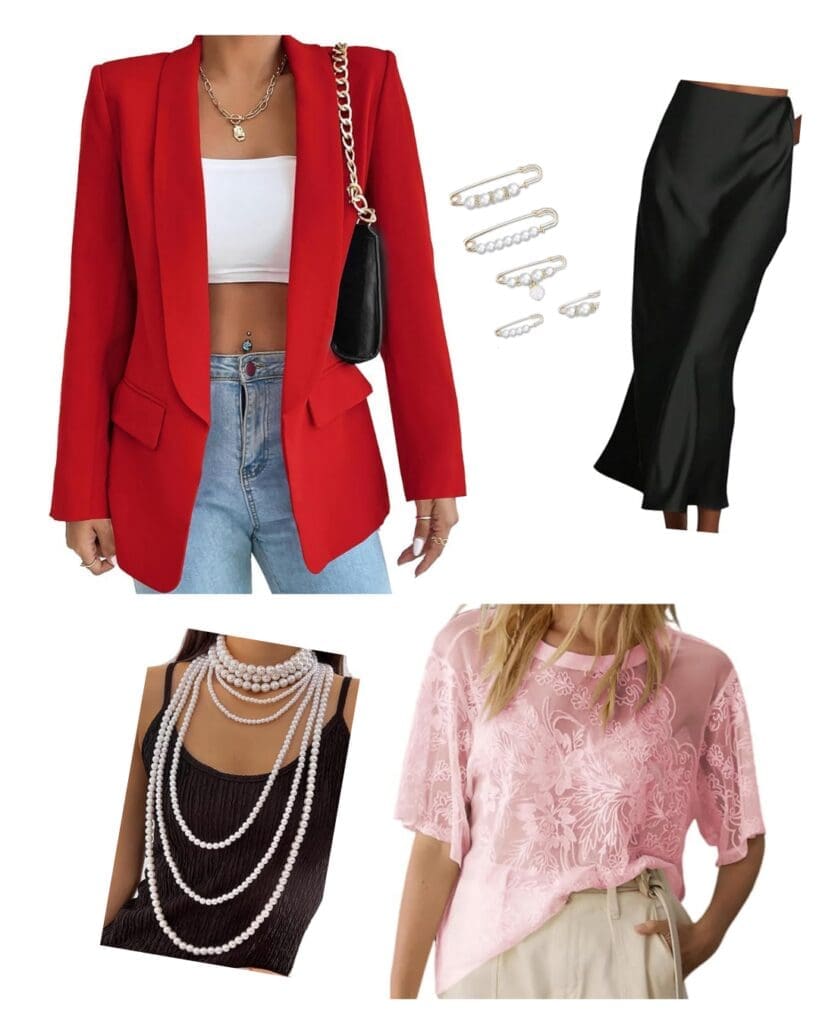 Pearls, pink, and a pop of red recreate a Denise outfit from the show