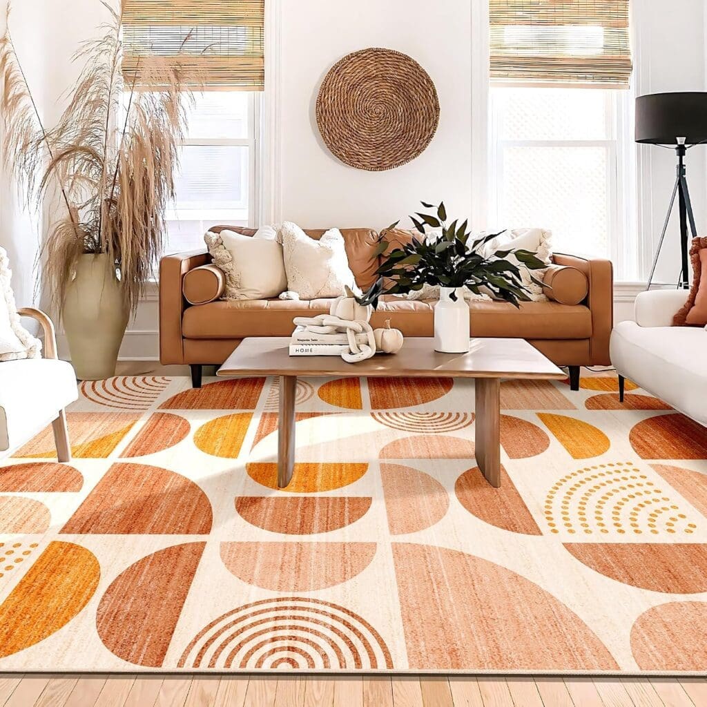 geometric area rug in den