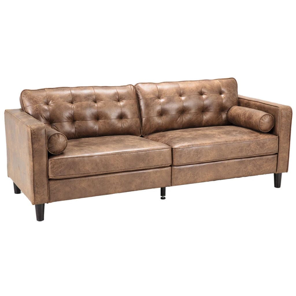 Faux leather sofa in cognac shade with midcentury modern style