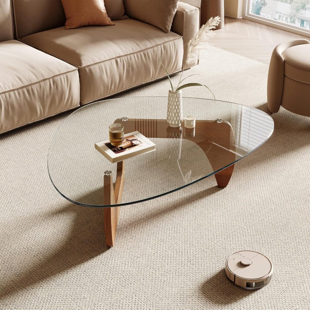 sculptural glass coffee table in living room