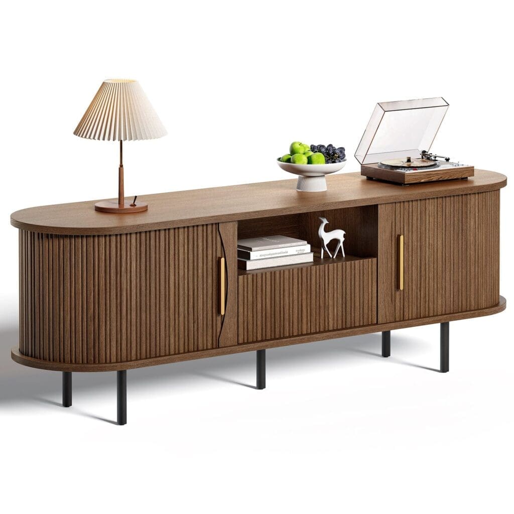fluted tv console in midcentury modern style