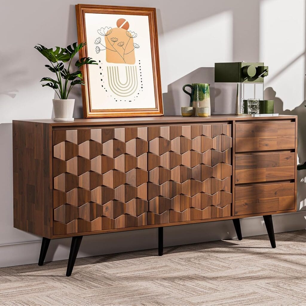 geometric wood sideboard with midcentury modern decor