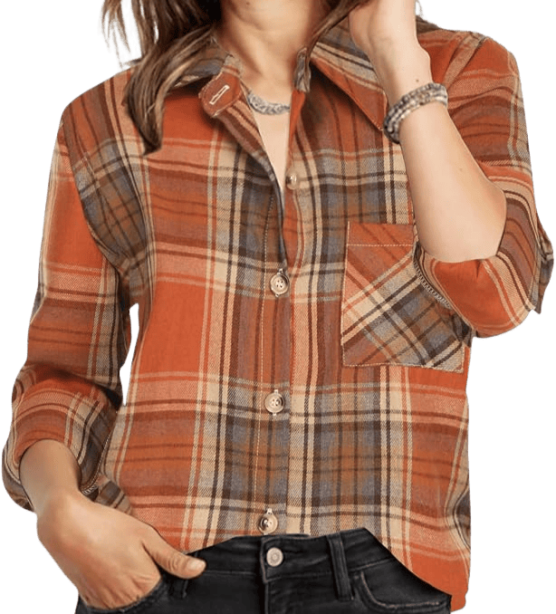 flannel shirt in orange and brown tones